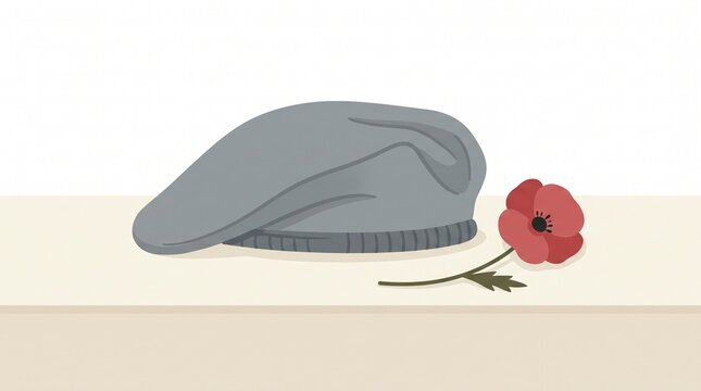 Grey Beret and Red Poppy Minimalist Remembrance Illustration