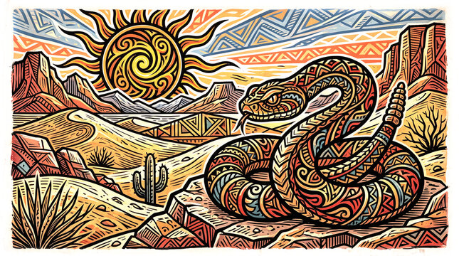 snake in desert Graphic drawing on paper poster style illustration