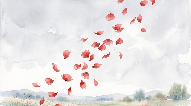 Red Flower Petals Floating in Ethereal Sky Watercolor