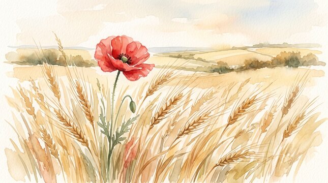 Vibrant Red Poppy in Golden Wheat Field Watercolor Art
