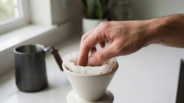 Man hand placing paper filter into ceramic pour over dripper on kitchen counter near window