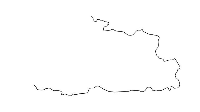 Self drawing animation of bhutan map contour border outline on white background.