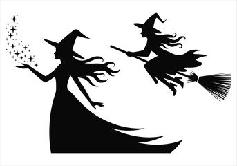 Fototapeta premium Witches casting spells and flying on broomsticks silhouettes for halloween