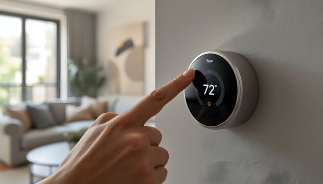Smart Thermostat Control: A person's finger touches a smart thermostat displaying 72 degrees, showcasing modern home technology and energy efficiency in a comfortable living room setting.