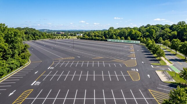 Empty parking lot on car free day representing environmental sustainability and green urban transportation initiatives