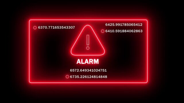 Digital red neon alarm warning sign with rapidly changing numerical data streams and exclamation point symbol for cybersecurity breach, system failure, emergency alert, or high-tech industrial