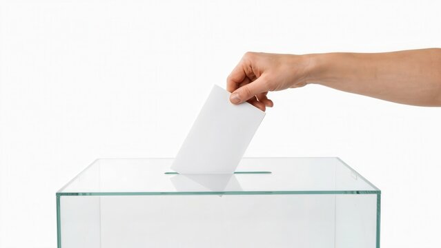 Person dropping a white ballot paper into a transparent box isolated on white.