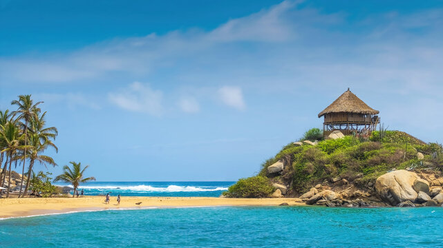 Tropical beachscape offering a tranquil escape with a traditional thatched hut on a green hill. Caribbean beach paradise with hut and palm trees