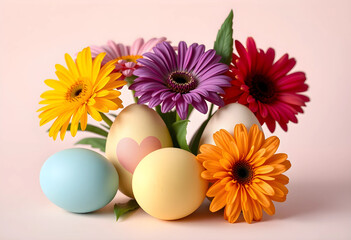 Obraz premium Colorful gerbera daisies with pastel Easter eggs on pink background