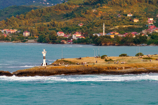 Aerial drone panorama landscape of Yason Burnu (aka Cape Yason) and its lighthouse. Located at Persembe, Ordu, Black Sea region of Turkey