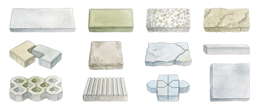 Concrete paving stone blocks set for garden patio landscaping illustration set containing interlocking pavers, flagstone, curb tile, and walkway construction materials isolated on black background.