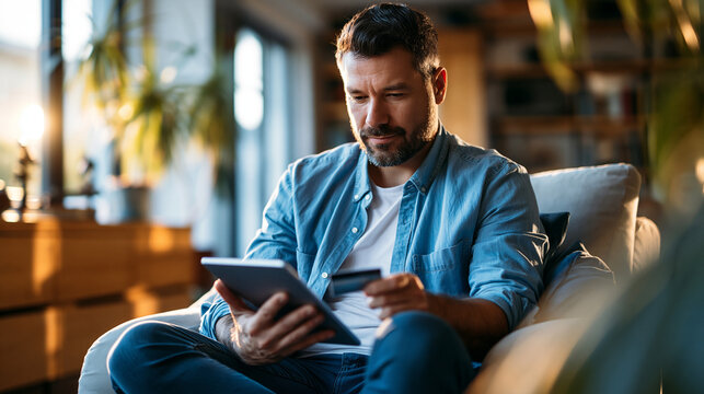 Over the shoulder shot of young man using digital tablet and holding credit card in bright armchair at home wooden sideboard and soft daylight interior online shopping