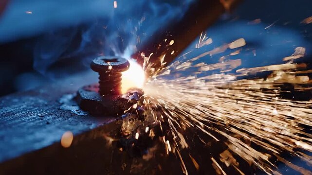 Close-up of metalworking process with sparks flying from welding a bolt on a wooden surface, showcasing the intense heat and light in a workshop environment