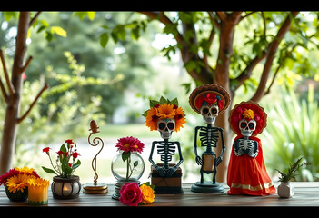 Obraz premium Traditional Day of the Dead decorations with skeleton figurines and flowers