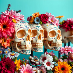 Obraz premium Decorative sugar skulls with colorful flowers for Day of the Dead