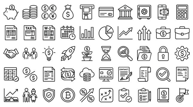 Minimalist business and finance icon set, 50 thin line vector symbols for banking and investment, professional accounting and tax icons