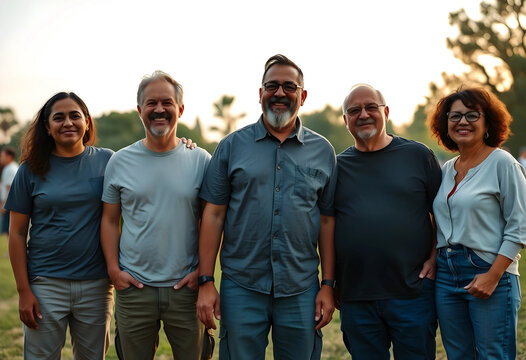 Group of diverse adults smiling outdoors at golden hour
