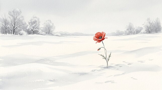 Red Poppy Flower in Snowy Winter Landscape Watercolor Illustration