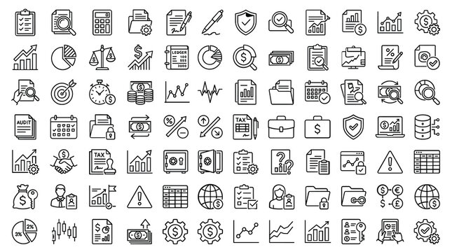 Business and finance line icons set, professional accounting and data analysis vector symbols, 80 financial management outline graphics