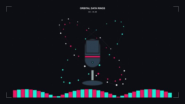 Futuristic Digital Microphone with Sound Wave Visualization and Orbital Rings