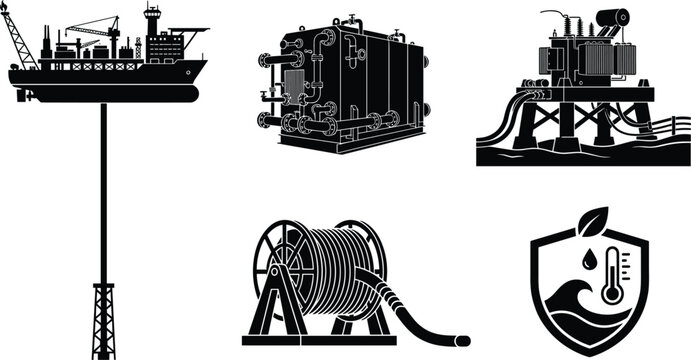 Heavy Industrial Machinery Vector Icons with Boiler Generator and Cable Hose Reel