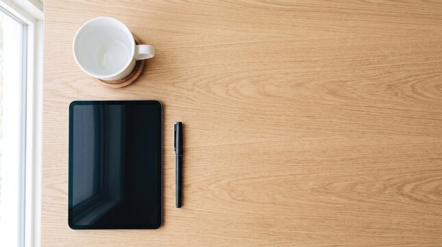 Minimalist workspace with empty coffee cup tablet pen with pen light wooden table near window clean organized workspace workspace inspiration workspace essentials office organization clean desk