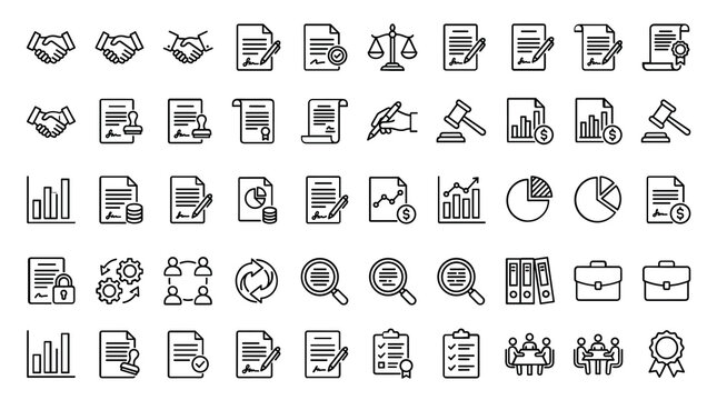 Professional business line icons set, corporate contract and legal document symbols, 50 vector elements for finance and law office management