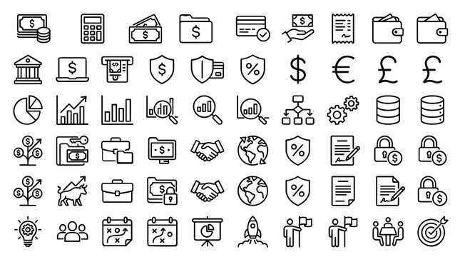 Minimalist business and finance line icons, 63 professional banking and investment vector symbols, clean black outline web UI elements