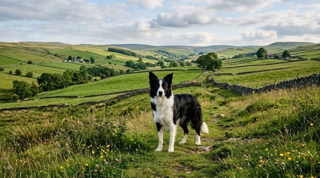 Border Collie stands alertly on a grassy hill overlooking a lush green valley with traditional stone walls in the countryside.