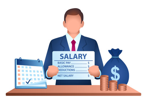 Modern business illustration of employee salary, payslip, calendar, money bag, and coins for payroll, HR, finance, and payday concepts.