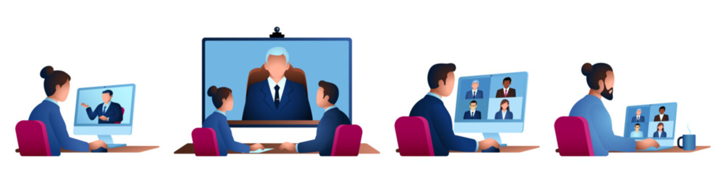 Business illustration of remote employees in virtual meetings, online presentations, and work-from-home collaboration for hybrid workplaces.
