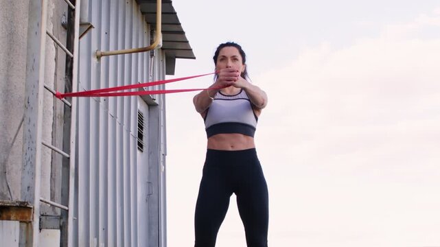 Physical exercise. Stretching band workout. Slim female trainer showing intensive effort training extending red elastic loop on rooftop outside.
