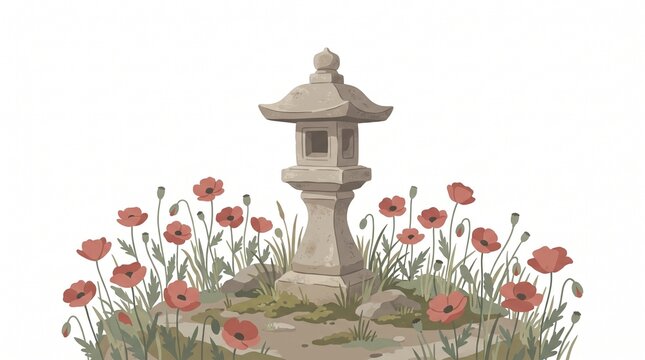 Japanese Stone Lantern with Red Poppies and Green Foliage on White Background