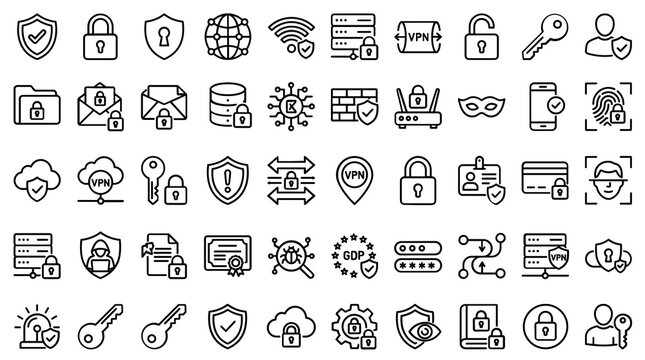Cyber security line icons set, 50 network protection and data privacy vector symbols, digital safety and encryption outline elements