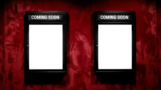 Two empty 'COMING SOON' movie poster frame template mounted side-by-side on a red velvet wall