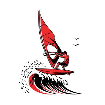 Dynamic Windsurfer Catching A Wave With Red Sail Action Shot Illustration