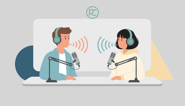 Young man and woman recording a live podcast session with microphones and headphones in a professional studio setup.