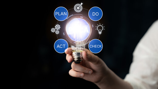 Hand Holding Light Bulb with Icons Representing Plan, Do, Act, Check in Business Strategy Concept for Creative Ideas and Innovation in Dark Background. Bitwise.