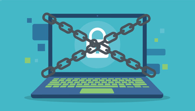 Computer laptop locked with thick metal chains and padlock representing cybersecurity and ransomware attack.