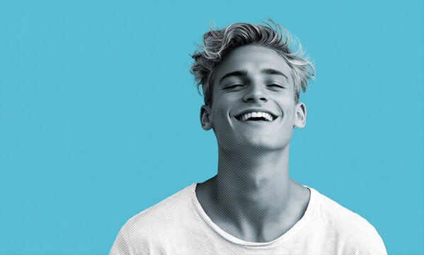 Smiling man in white t-shirt on blue background. LGBTQ, queer gender concept. Monochrome studio portrait for banner with copy space