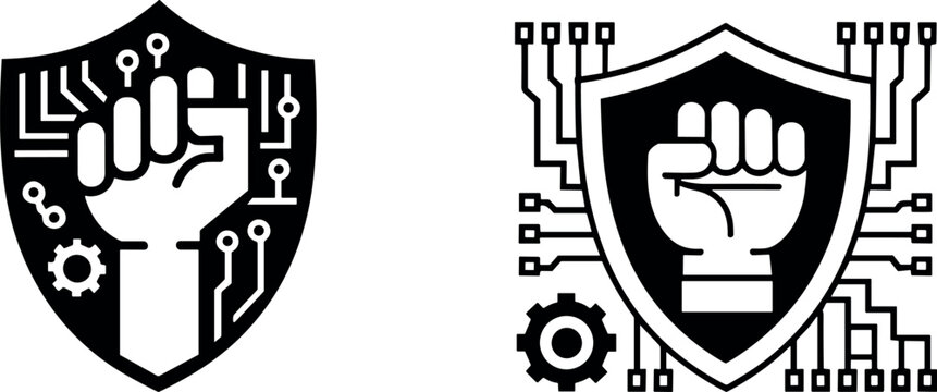 Cyber security strength shield icon vector set with raised fist circuit board elements representing digital defense protection concept