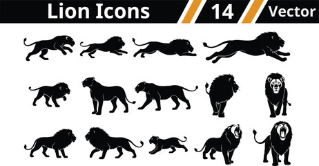 Naklejka premium Set of various lion silhouette icons in different poses for graphic design projects