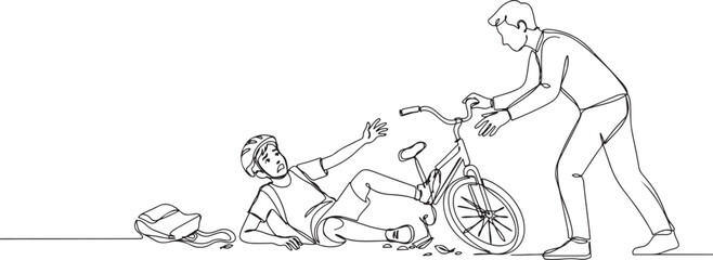 Obraz premium Single continuous line drawing boy fallen off bicycle. Bike accident. Kids fallen damaged bicycle broken transport children accidents helping person.one line vector drawing