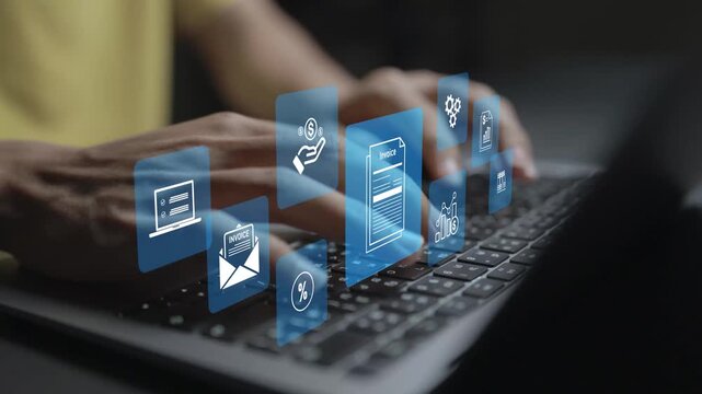 Online digital e invoice statement concept. Person using laptop with electronic invoice and billing icons, digital payments, financial records and automated accounting.