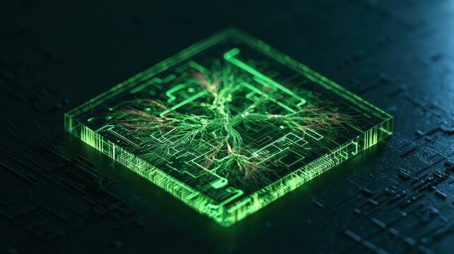  Artificial intelligence microchip with glowing green neural network paths and organic synaptic connections.