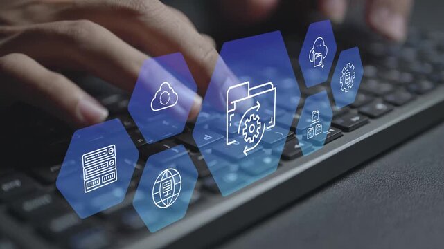 Disaster recovery concept. Person typing keyboard with data backup and cybersecurity icons, business continuity, system recovery and digital resilience.