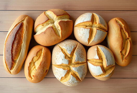 Assorted freshly baked bread loaves on wooden table
