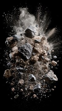 Chunks of stone, rock, and dust exploding violently outward against a black background.