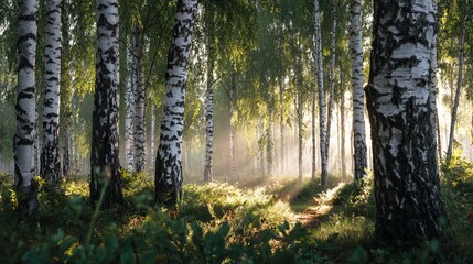 Obraz premium Sunlight filters through a dense birch forest, creating a magical and serene atmosphere with dappled light and a misty background