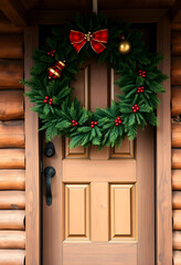 Obraz premium Christmas wreath on wooden cabin door